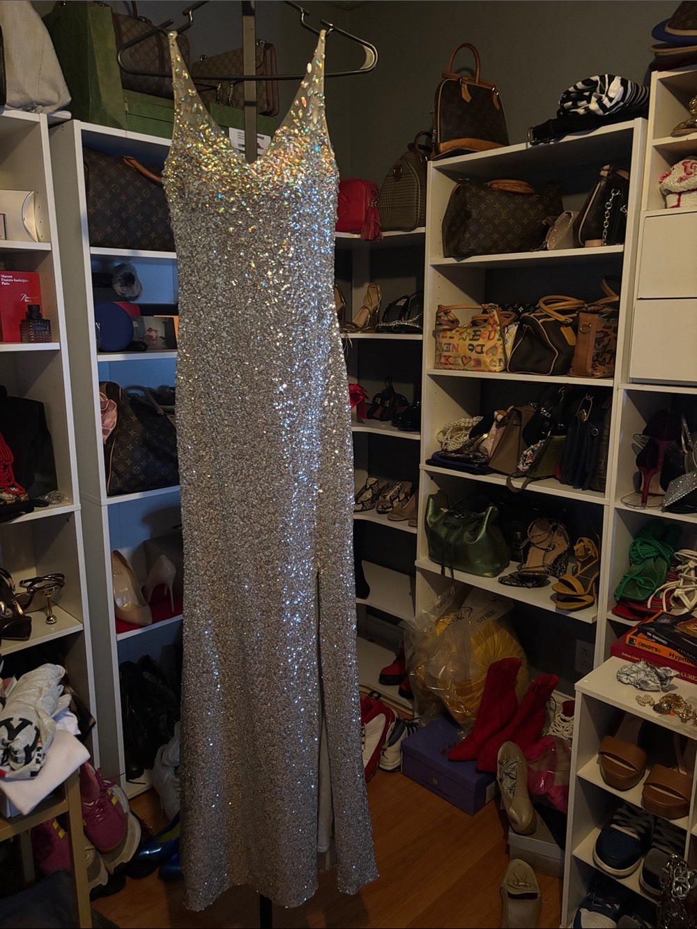 La Femme Silver Sequin Strapless Gown